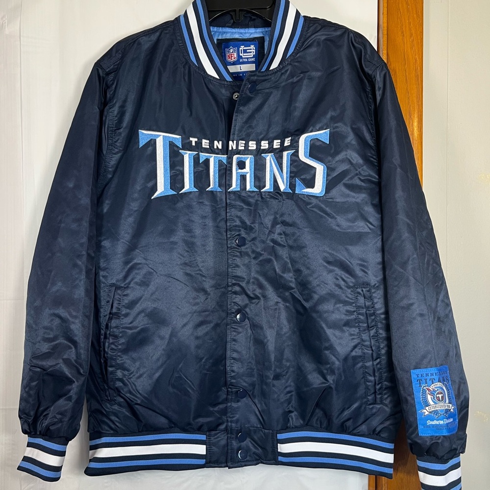 Tennessee Titans Large Varsity Jacket Satin Ultra Game Navy Snap Closure NWT.